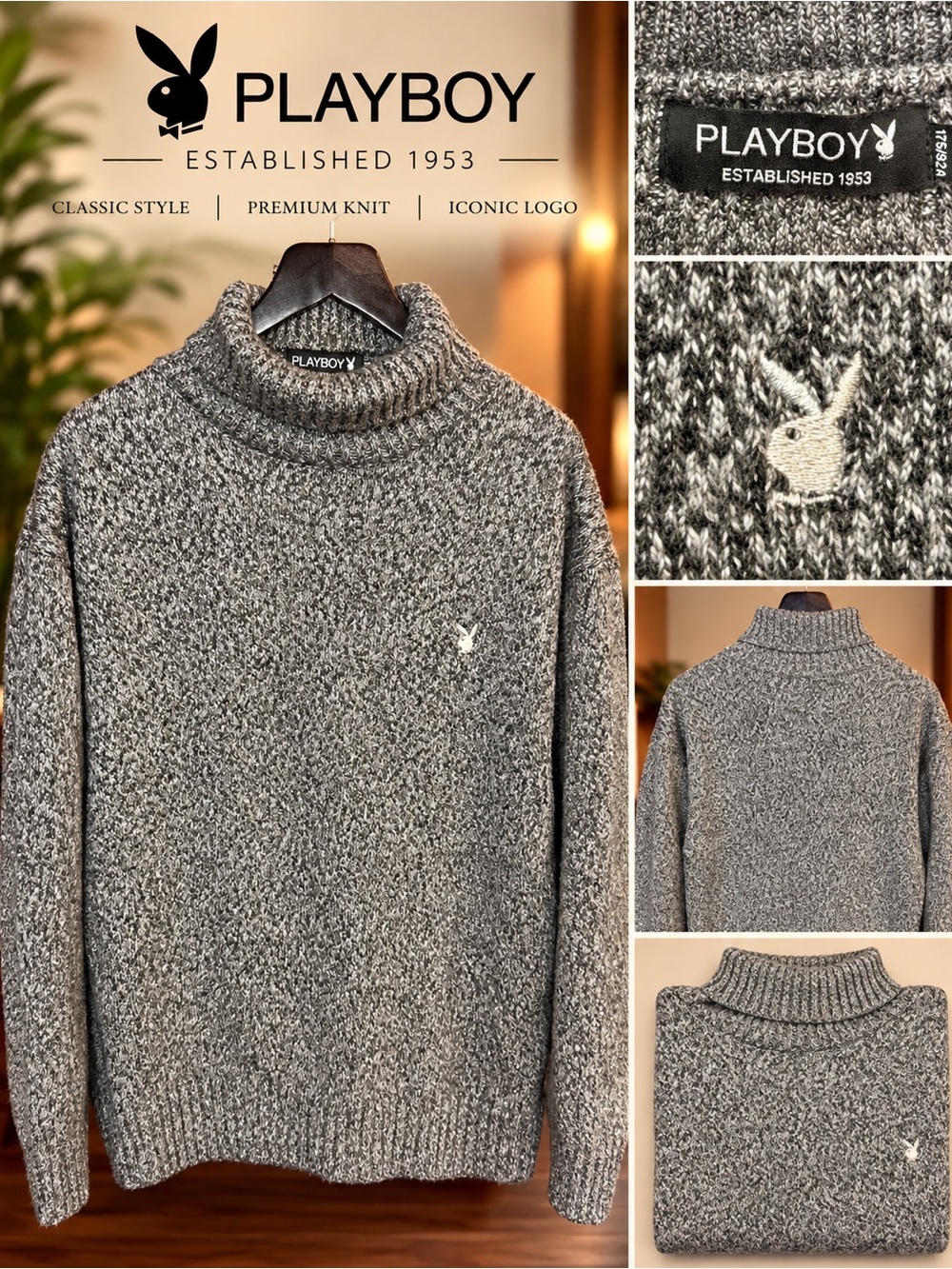 Playboy Men's Gray Fleece Lined Knit Turtleneck Sweater - L -check measurements